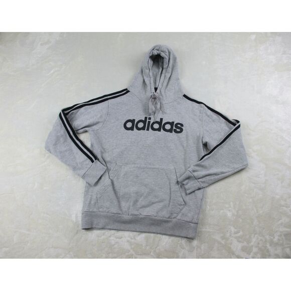 Adidas Sweater Mens Small Gray Blue Pullover Spell Out Stripes Hoodie Casual - Picture 2 of 8